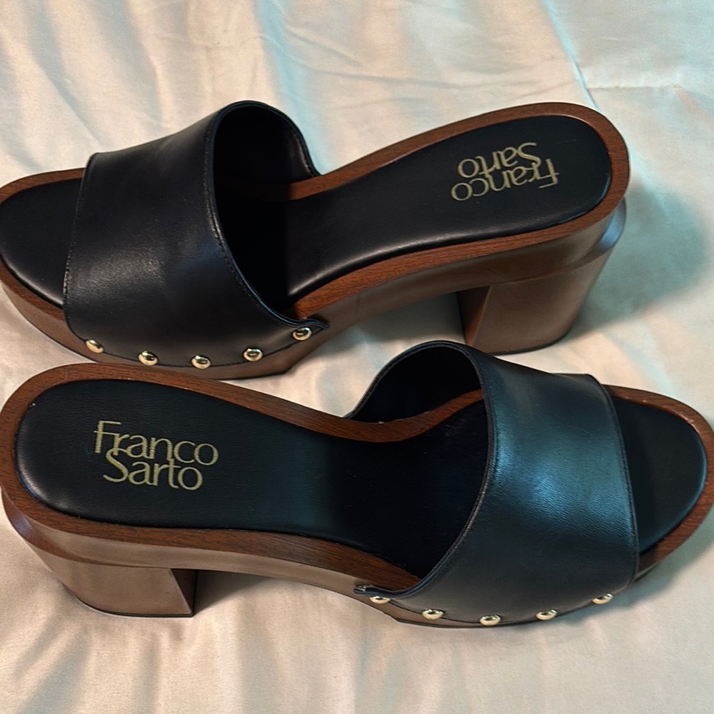 Franco Sarto Black Leather Mules with Studded Details